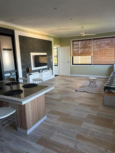 a large living room with a kitchen and a counter at Appartement Zen VIP Péreybère in Grand-Baie