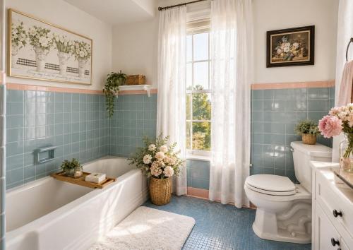 a bathroom with blue tiles and a tub and a toilet at Historic Mansion-Blushing Rose in Fort Smith