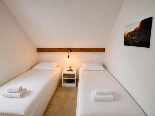 two beds in a small room with white walls at Apartments & rooms Velebit in Lovinac