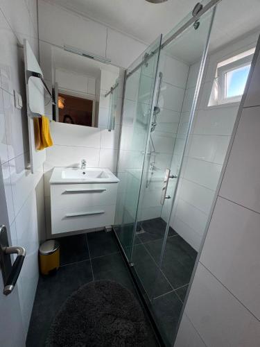a bathroom with a glass shower and a sink at Appartement Moustache in Goes
