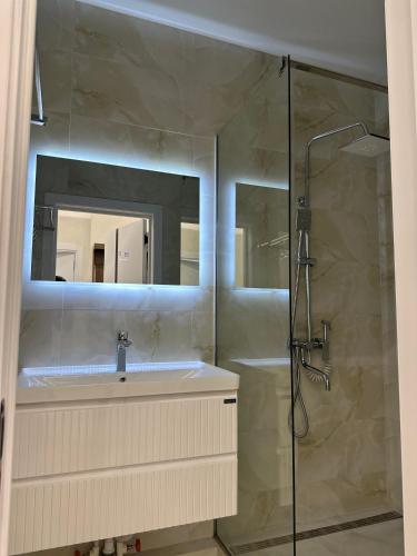 a bathroom with a sink and a shower with a mirror at Lux Apart in Khujand