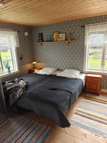 a bedroom with a large bed and two windows at Gårdshus in Lit