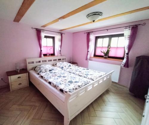 a bedroom with a bed and two windows at Ferienwohnung Zeittor in Tharandt