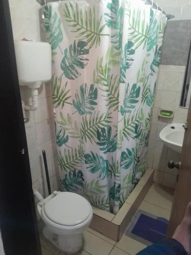a bathroom with a shower curtain with a toilet and a sink at Aires del Atlántico Sur in Burzaco