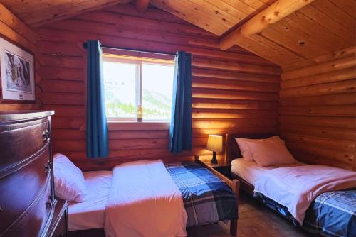 a bedroom with two beds in a log cabin at Cozy Cabin Oxen-Le-Fields Montana in Conner