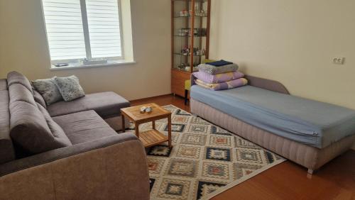 a living room with a couch and a table at Bocmano vila in Meteliai