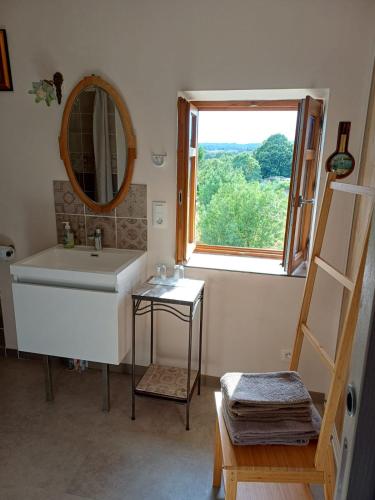 a bathroom with a sink and a mirror and a window at La maison de l'écluse in Trèbes