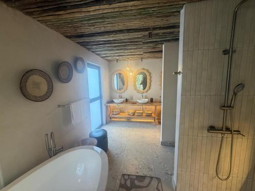 a bathroom with a shower and a tub and a sink at Ndzhaka Tented Camp in Manyeleti Game Reserve