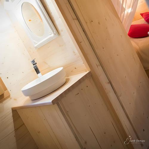 a bathroom with a sink in a tiny house at La Cabane Spa De Céline in Voussac