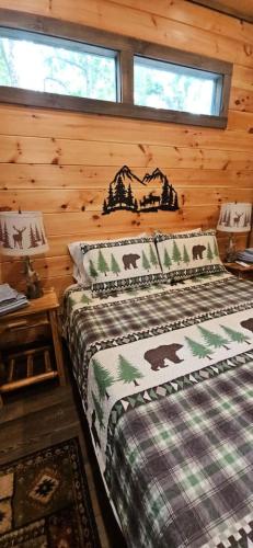 a bedroom with a bed in a log cabin at Amazing Mountain View Tiny House in Hayesville