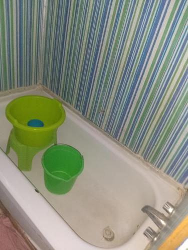 a bath tub with two green buckets in it at Mobil-home in Rebaïb