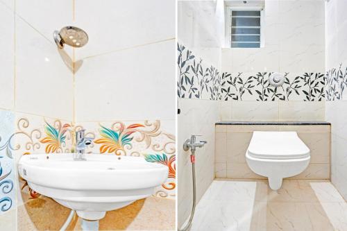 two pictures of a bathroom with a toilet and a sink at Super Hotel O Dighori Nagpur in Sakardarā