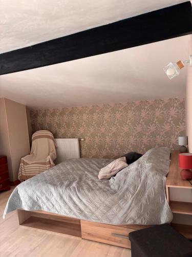 a bedroom with a bed and a chair at La maisonnette du marais in Amuré