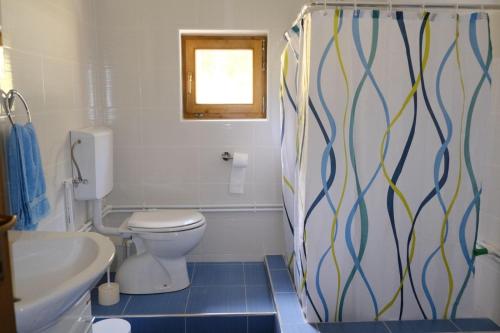 a bathroom with a toilet and a shower curtain at VIG 2 in Njegovuđa