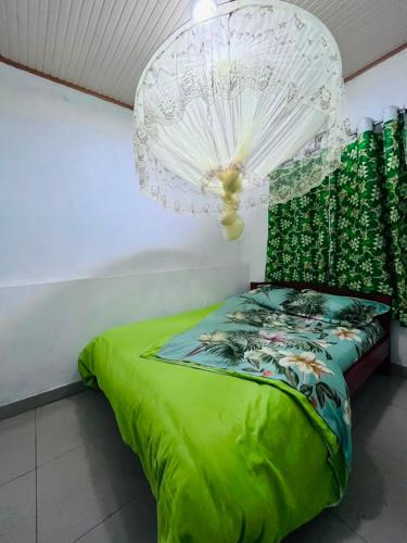 a bedroom with a green bed with a chandelier at Kalpho Art Center Guesthouse- near Embassy District in Kigali