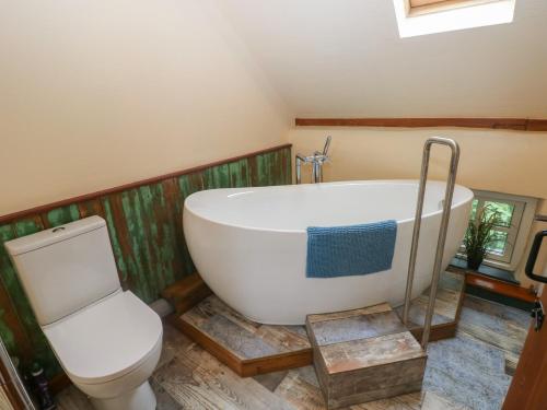 a bathroom with a white tub and a toilet at Penfeidr Newydd in Newport