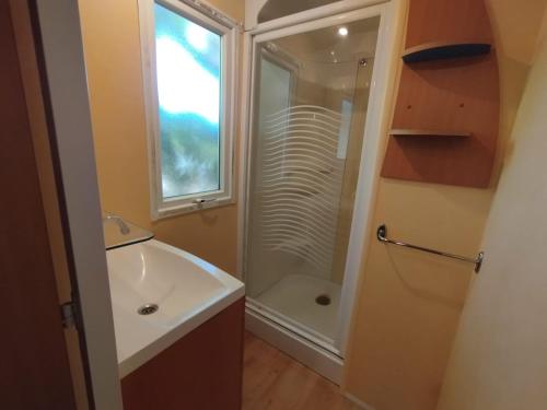 a bathroom with a shower and a sink and a toilet at Falaguera Bungalow 5 in Bárig