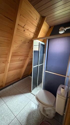 a bathroom with a toilet and a wooden ceiling at Chácara Três Chalés in Foz do Iguaçu