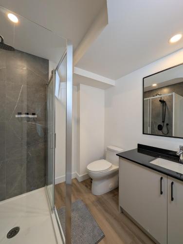 a bathroom with a shower and a toilet and a sink at Suites Cobalt in Quebec City