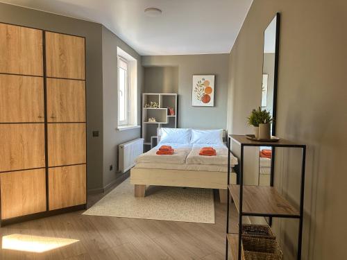 a bedroom with a bed and a mirror at Mini home apartment in Ternopil