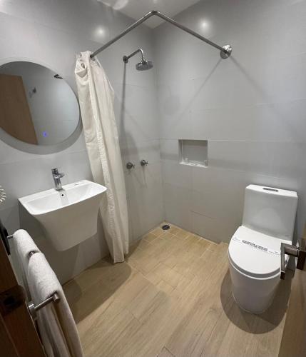 a bathroom with a toilet and a sink and a mirror at Hotel Emperador centro Guadalajara y Remodelado in Guadalajara