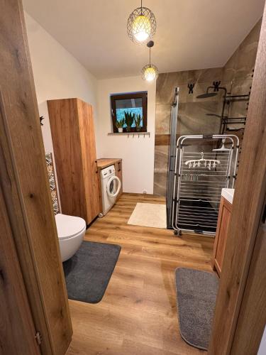 a bathroom with a shower and a toilet and a sink at Przystanek Beztroska in Wydminy