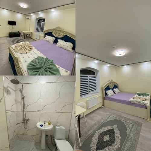 two pictures of a bedroom with a bed and a bathroom at Qoya in Fergana