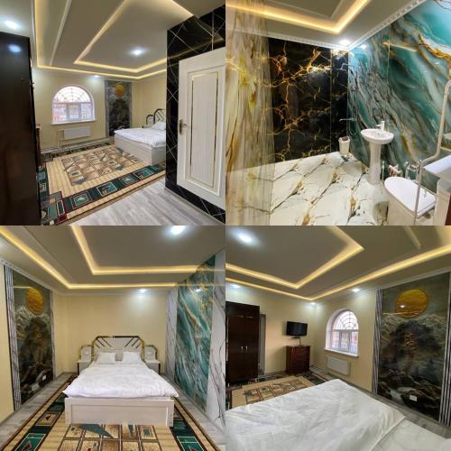 a collage of three pictures of a room with two beds at Qoya in Fergana