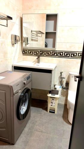 ein Badezimmer mit Waschmaschine und Waschbecken in der Unterkunft Tijania Complex in Bijilo