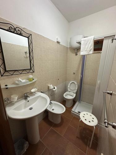 a bathroom with a sink and a toilet and a mirror at Al Giumani in Mammola