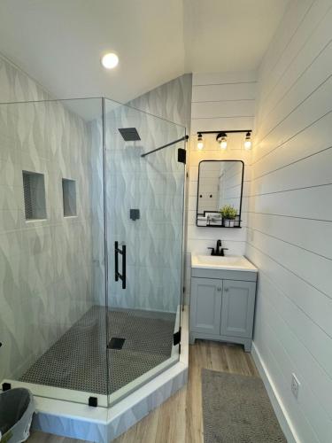 a bathroom with a shower and a sink at SANDY BEACH Paradise On The Beach in Lincoln Junction