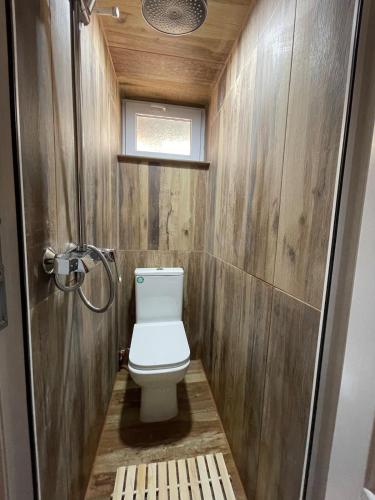 a bathroom with a toilet and wooden walls at Sis Guest House in Tsʼoghamarg
