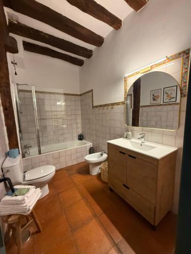 a bathroom with a sink and a toilet and a mirror at La Casuca in Riaza