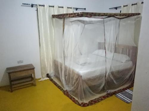 a bedroom with a bed with a mosquito net at MafiaSeaview in Kilindoni