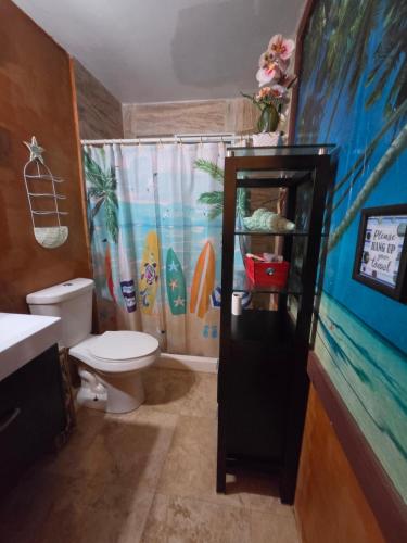 a bathroom with a toilet and a shower curtain with surfboards at La Abuela Hospitality in Dorado