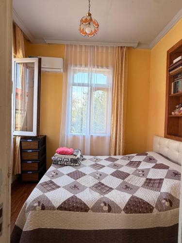 a bedroom with a checkered bed in front of a window at Light in August in Kobuleti