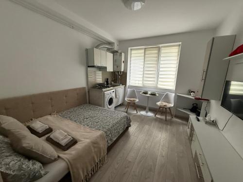 a bedroom with a bed and a kitchen with a table at Rosu Residence 2 in Onești