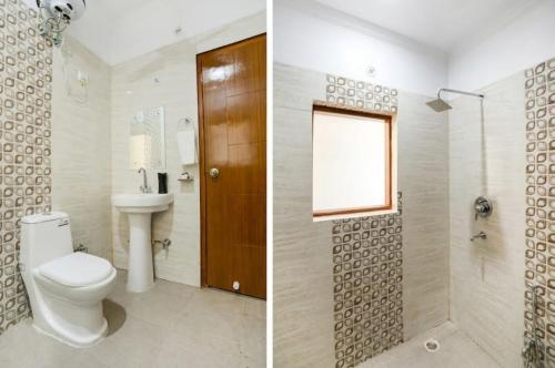 two pictures of a bathroom with a toilet and a window at Elite HomeZ in Greater Noida