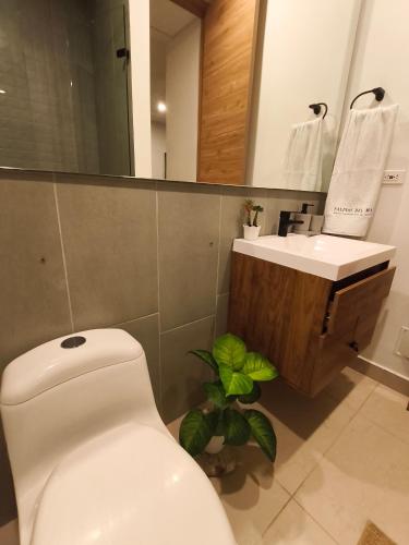 a bathroom with a white toilet and a sink at GabyMar salinas del mar Santamarta in Santa Marta