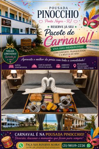 a flyer for a resort with a table of food at Pousada Pinocchio in Maricá