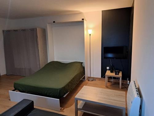 a small bedroom with a bed and a television at le studio d isa in Lens