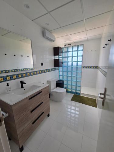 a white bathroom with a sink and a toilet at Entre Aguas in L'Eucaliptus