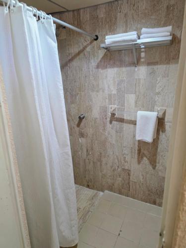 a shower with a shower curtain in a bathroom at Hotel Plaza Palenque in Palenque