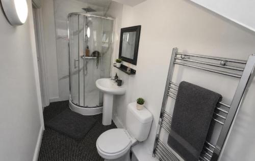 a bathroom with a toilet and a shower and a sink at Northenden Stayzzz in Manchester