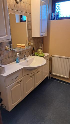a bathroom with a white sink and a mirror at Villa Tingsryd nära stranden in Tingsryd