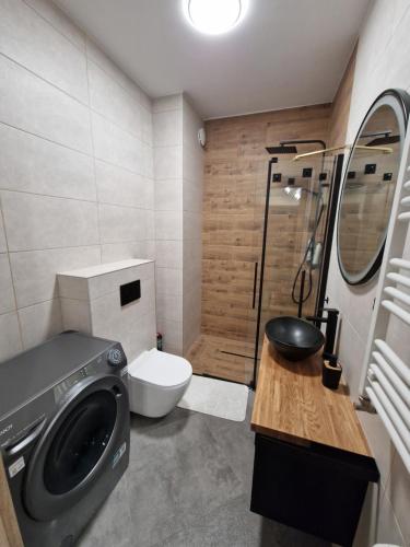 a bathroom with a washing machine and a toilet at Lubanska by Tauron Arena in Zgorzelec
