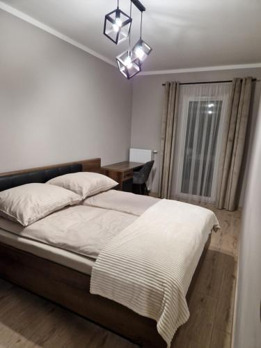 a bedroom with a bed and a desk in it at Lubanska by Tauron Arena in Zgorzelec