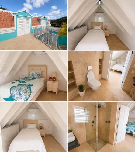 a collage of photos of a attic room with beds at The Beach House Bonaire in Kralendijk