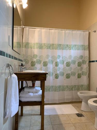 a bathroom with a sink and a shower curtain at Complejo La Querencia de Colón in Colón