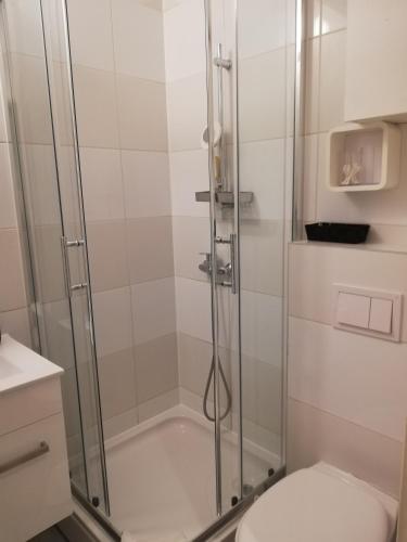 a bathroom with a shower with a toilet at Apartments Simple Teslina in Zagreb